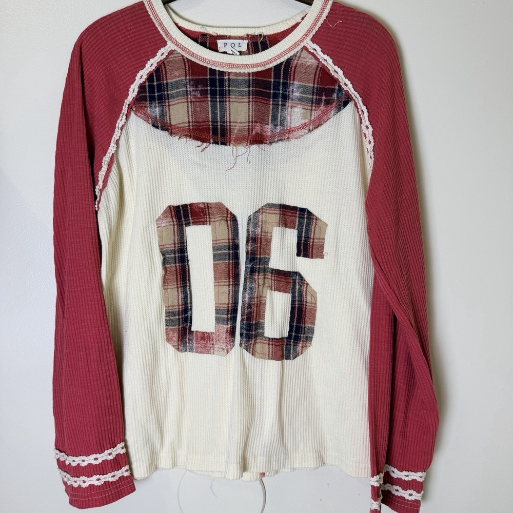 POL Thermal Knit Top Small Plaid Patchwork Lace Trim Varsity 06
